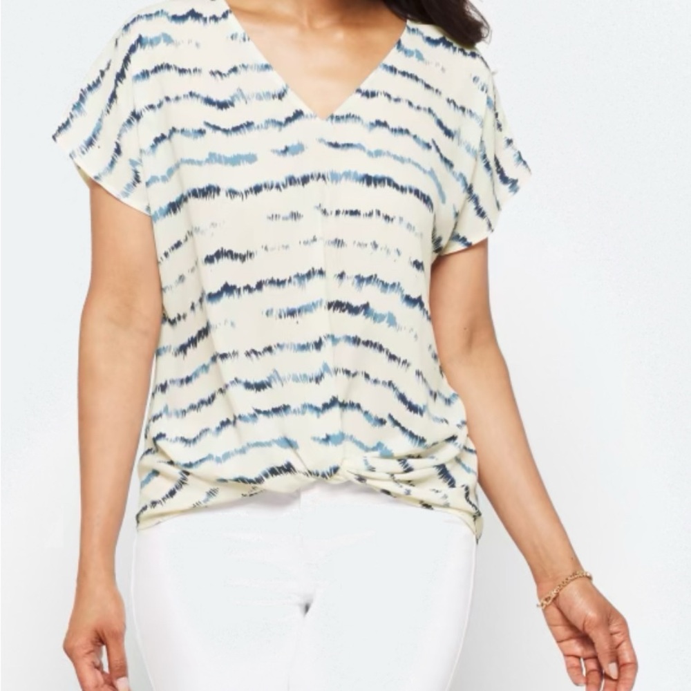 West Kei Blue and Cream V-Neck Tie Knot Blouse